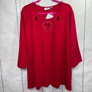 Quaker Factory Red Rhinestone Heart Cutout Top 3X Cotton Coquette Valentines Day